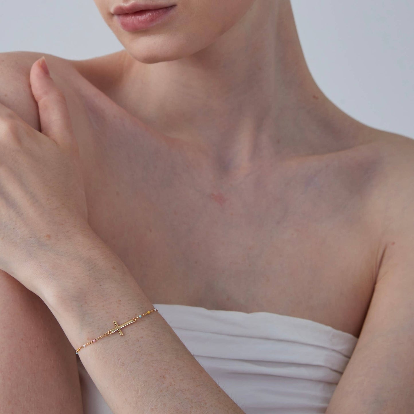 Dainty Boho Color Bead Cross Bracelet in Gold over 925 Sterling Silver