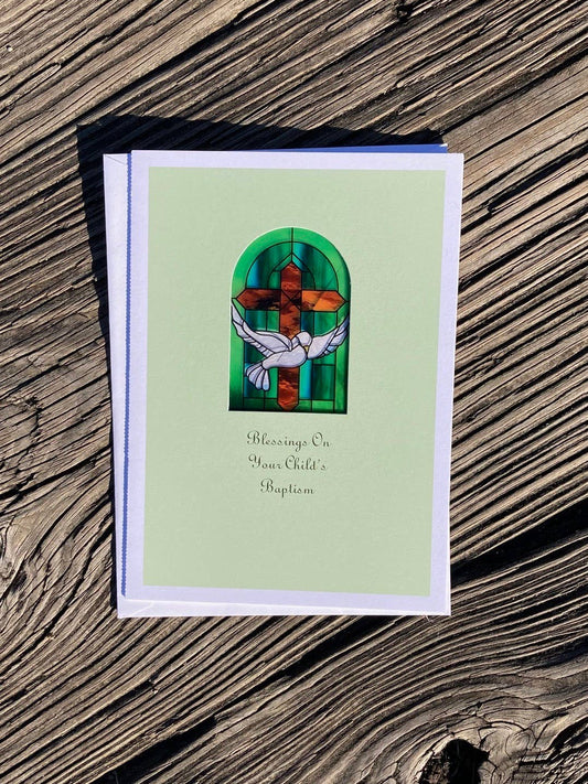 Bright Greetings - Baptism dove sun-catcher greeting card | Christian image