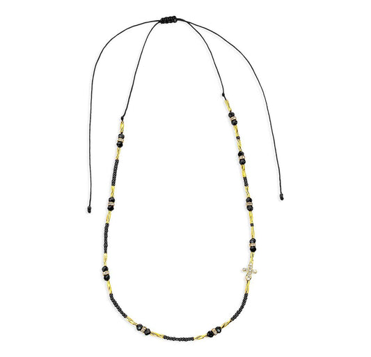 Black Glass Bead Adjustable Necklace with Gold Tube Ends