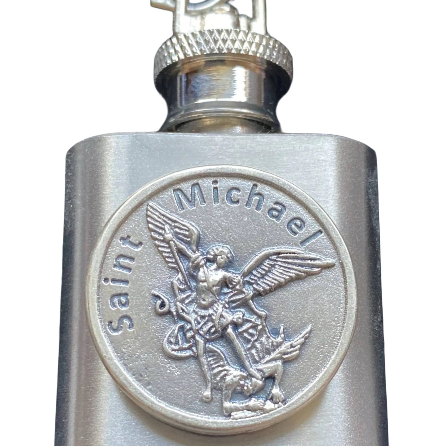 Oremus Mercy - Holy Water Flask - Saint Michael Token SS w/ Keychain   1 oz