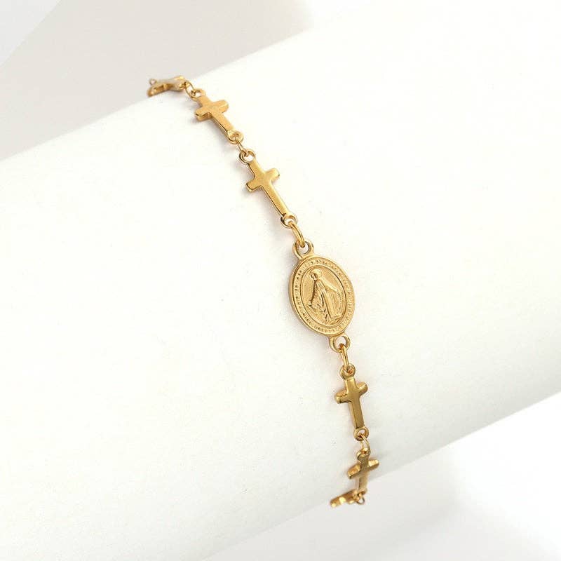 Miraculous Medal Multi Cross Bracelet in Stainless Steel-Gold Plate