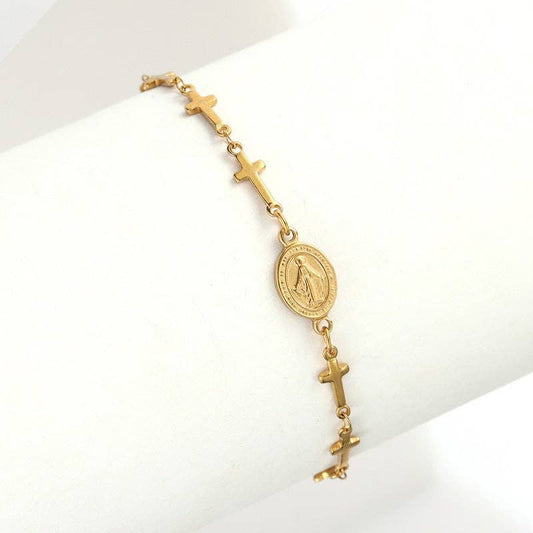 Miraculous Medal Multi Cross Bracelet in Stainless Steel-Gold Plate