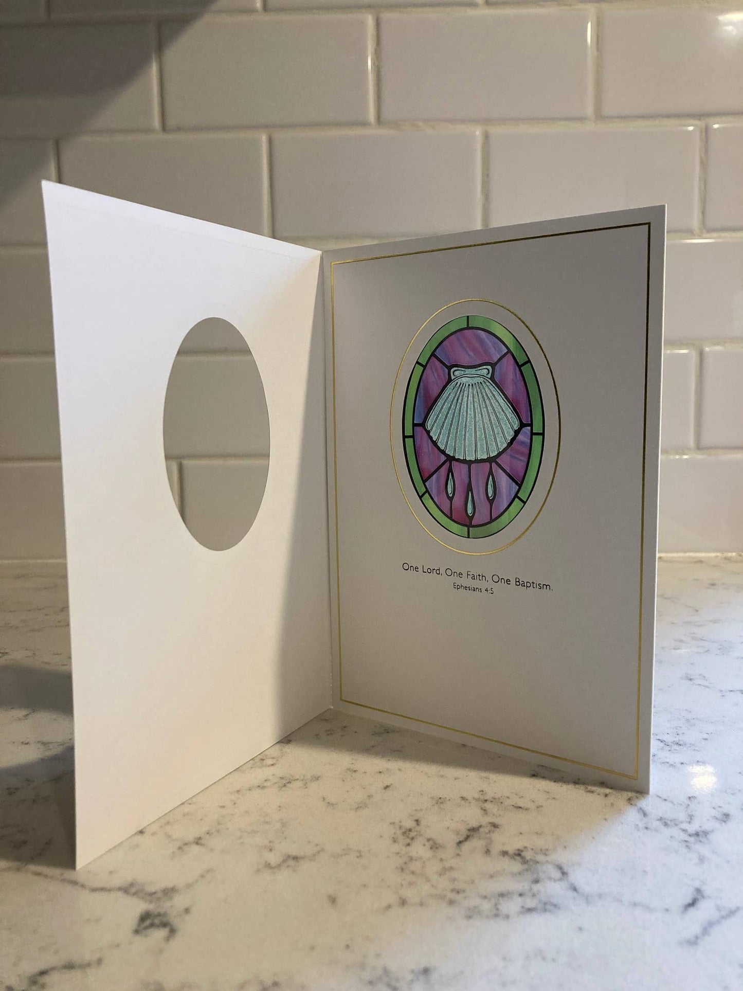 Bright Greetings - Baptism shell suncatcher greeting card with scripture 5x7