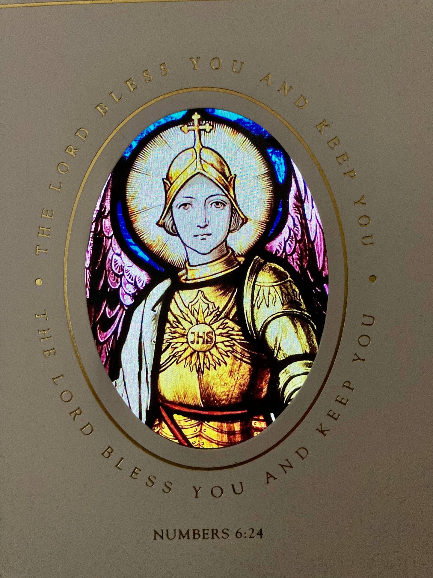 Bright Greetings - St. Michael sun-catcher greeting card Christian image