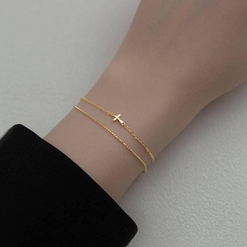 Perimade & Co. LLC - Cross Double Chain Bead Bracelet in Gold over 925 Sterling Silver