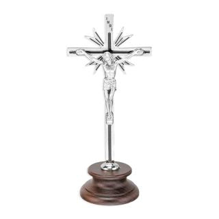 5 1/4"Standing Metal Crucifix with Sunburst and Black Epoxy Inlay on Wood Base