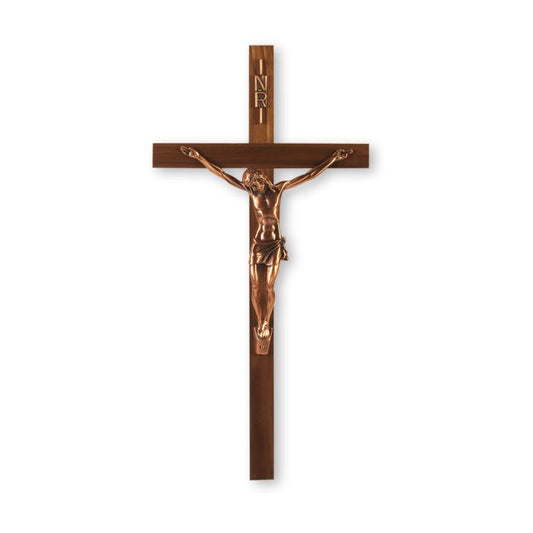 13" Walnut Wood Crucifix with Antique Copper Finish Corpus