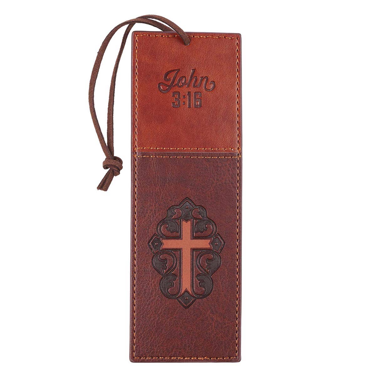 Christian Art Gifts - Bookmark Faux Leather Brown Two-tone Cross John 3:16