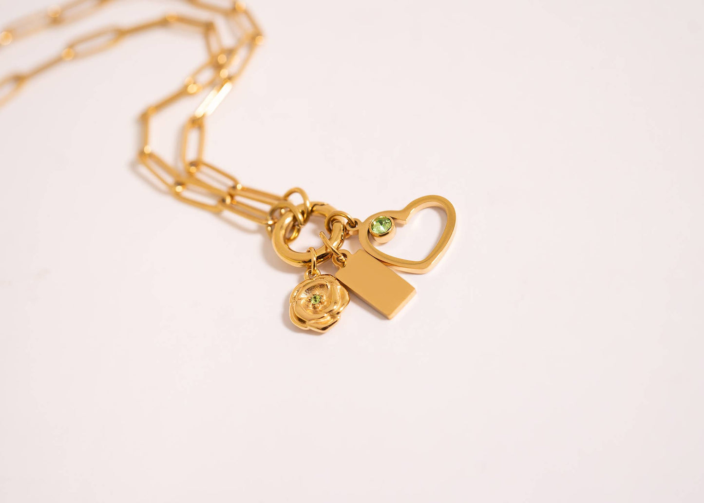 Stainless Steel Paperclip Carabiner Charm Holder Necklace With Pearl and Amen Charm.