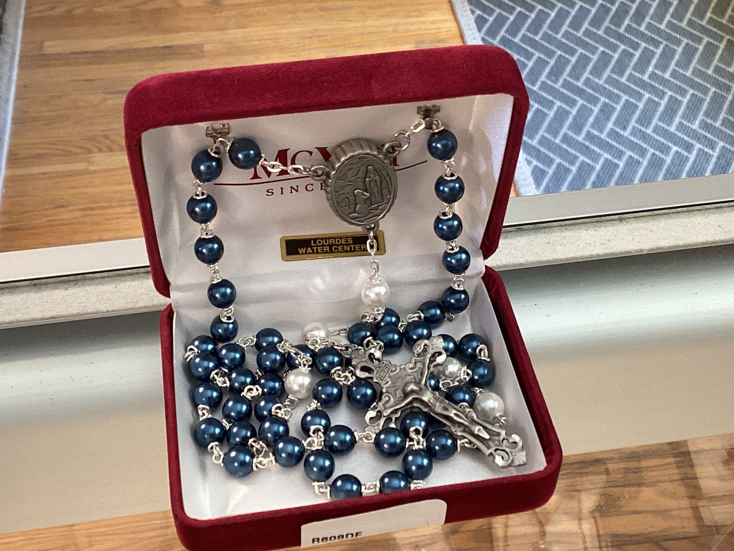 Blue & White Pearl Rosary with Lourdes water Center