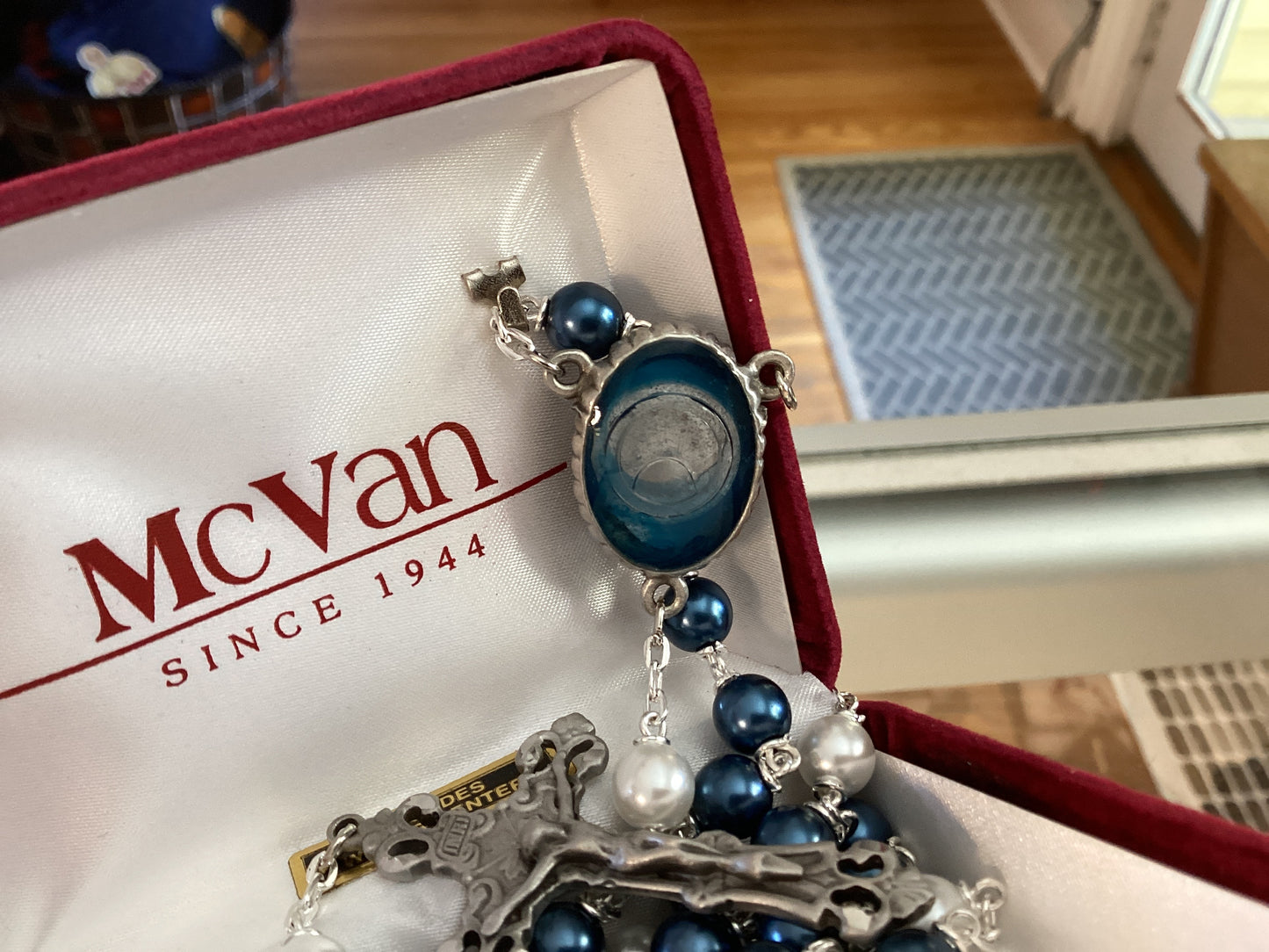 Blue & White Pearl Rosary with Lourdes water Center