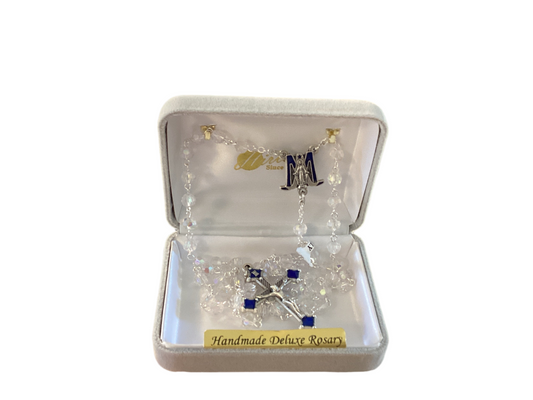 Crystal Rosary with Blue Epoxy Miraculous Medal Center & Crucifix