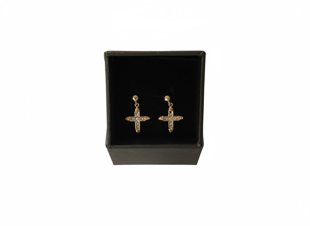 - 24K Gold Filled Baguette CZ Cross Round Drop Stud Earrings