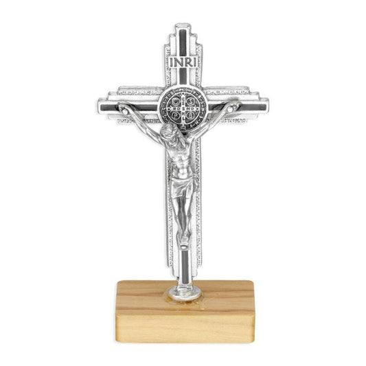 3 3/8" Standing St. Benedict Crucifix with Black Epoxy and Textured Silver on a Wood Base