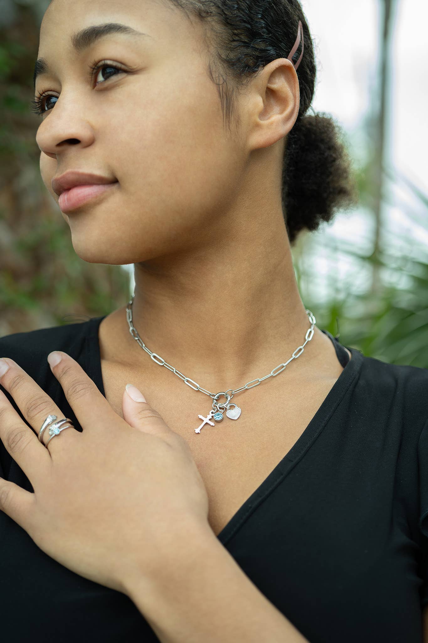 Stainless Steel Paperclip Carabiner Charm Holder Necklace With Pearl and Amen Charm.
