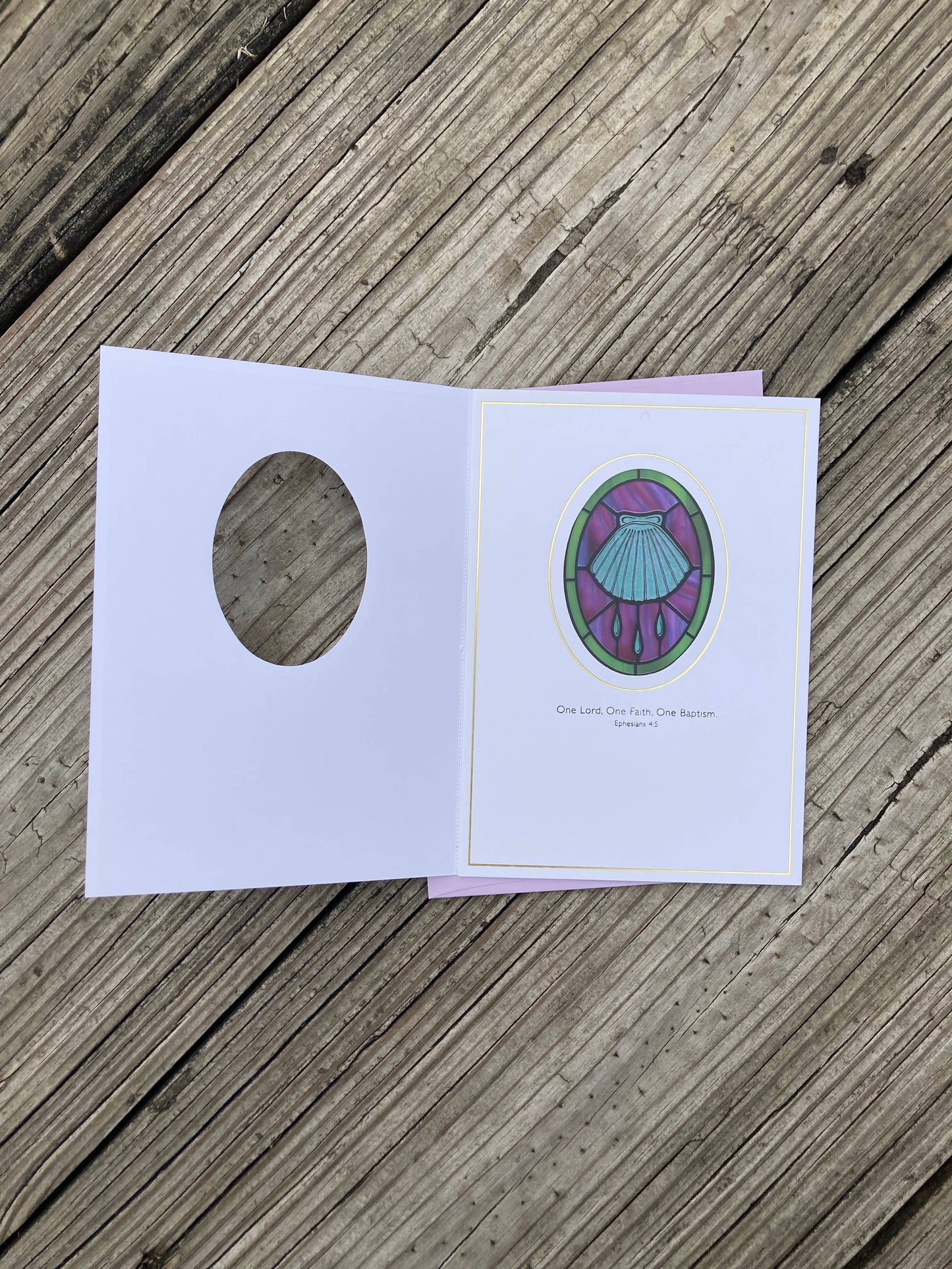 Bright Greetings - Baptism shell suncatcher greeting card with scripture 5x7