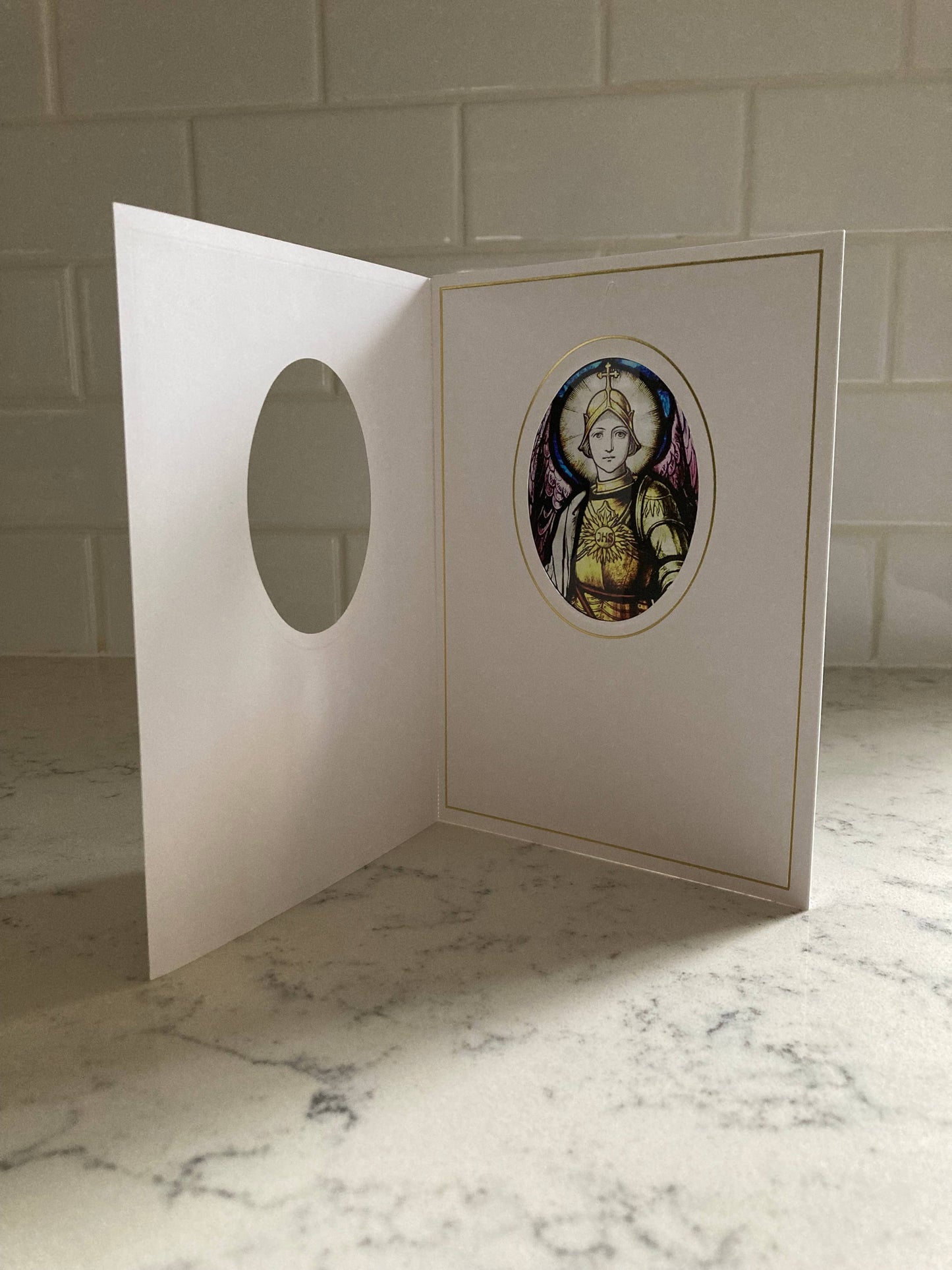 Bright Greetings - St. Michael sun-catcher greeting card Christian image