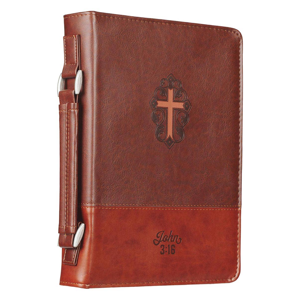 Christian Art Gifts - Bible Cover Classic Brown Two-tone Cross John 3:16