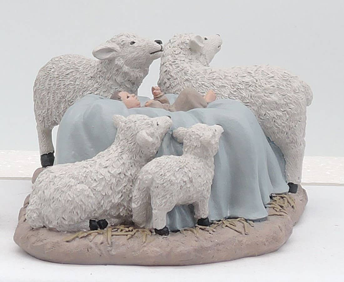 Blossom Bucket & Crossroads Home - Baby Jesus Surrounded By Sheep Figurine
