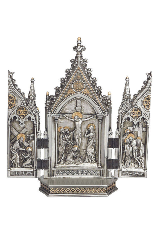 Goldscheider of Vienna - Calvary Triptych in Pewter Style 7.25x8"