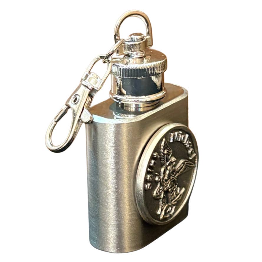 Oremus Mercy - Holy Water Flask - Saint Michael Token SS w/ Keychain   1 oz