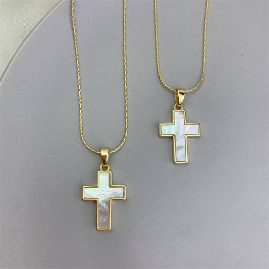 Gold Mother Of Pearl Cross Pendant Necklace in Solid Copper