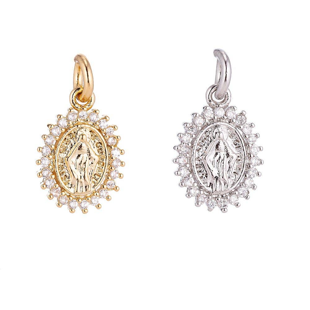 Aim Eternal - Dainty 24K Gold Filled Delicate Virgin Mother Mary Cubic Zirconia Bracelet Necklace Pendant Earring Charm Gift for Woman Jewelry Making, Gold Silver Miraculous Lady M-585 -M-592