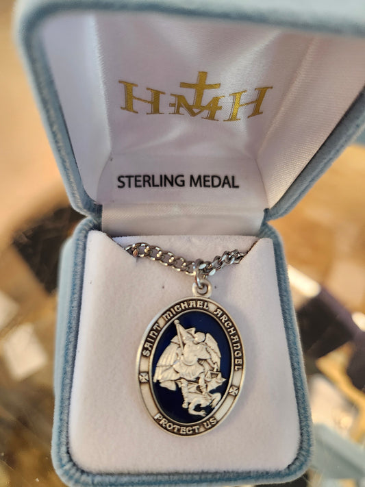 Sterling Silver St Michael Oval with Blue Epoxy