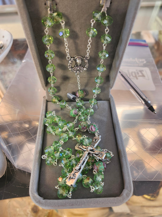 Green and pink Rose  Rosary