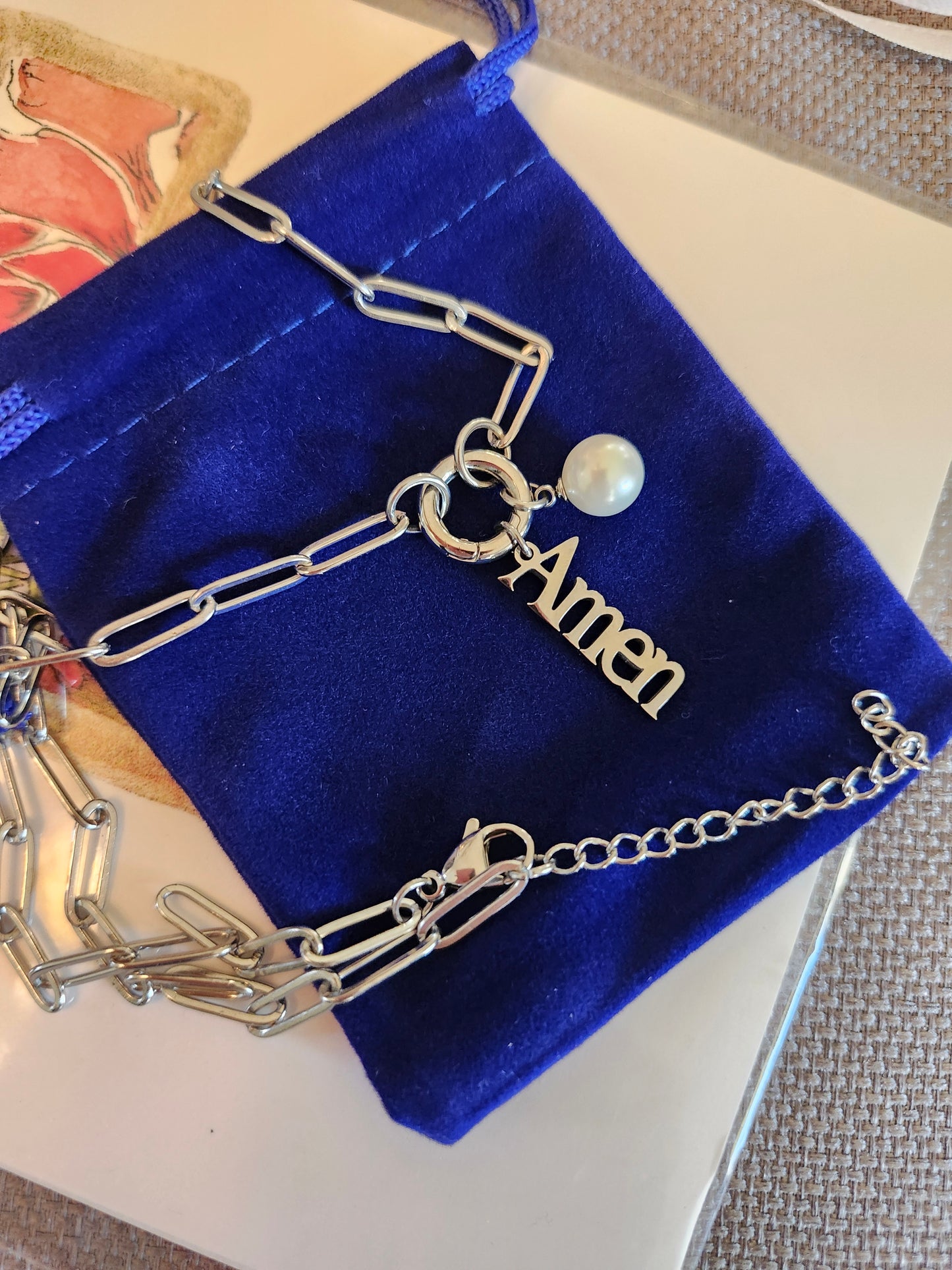 Stainless Steel Paperclip Carabiner Charm Holder Necklace With Pearl and Amen Charm.