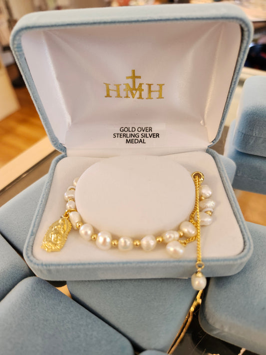 Freshwater white Pearl W/ Gold Bead plated pull bracelet Gold over Sterling Our Lady of Guadalupe Medal