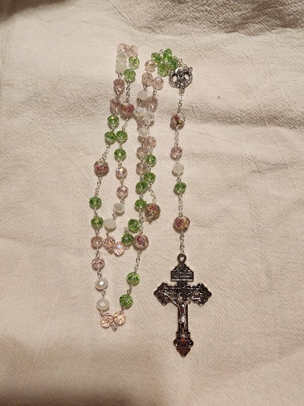 Green and pink Rose  Rosary