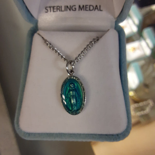 Sterling Silver Miraculous Medal with blue enamel