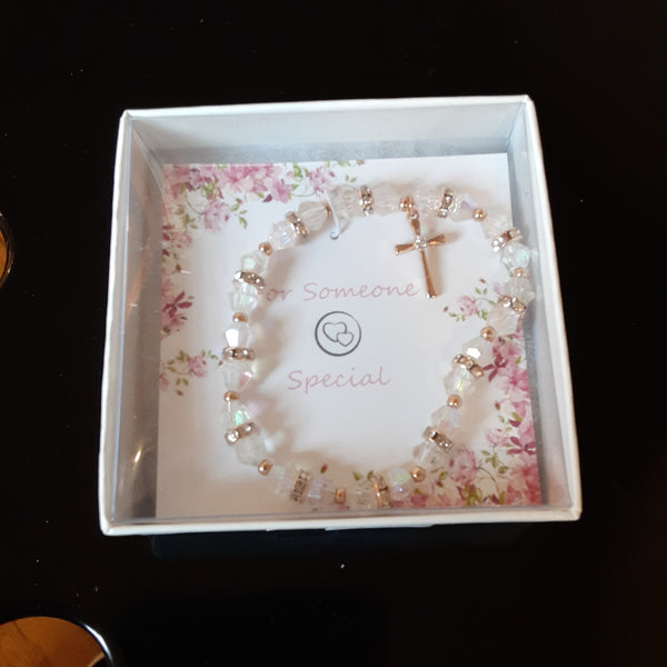 Rose Gold crystal stretch bracelet with rose Gold Cross charm