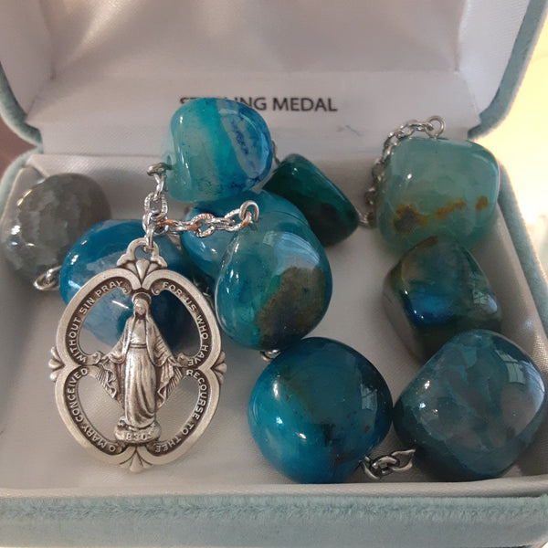 Blue Agate Bead Necklace with Sterling Silver Miraculous Medal Pendant