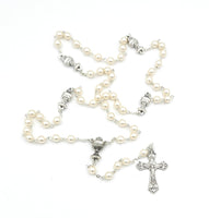 White Glass Pearl First Communion Rosary With Chalice Our Fathers