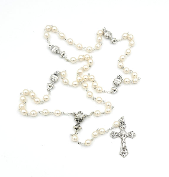 White Glass Pearl First Communion Rosary With Chalice Our Fathers