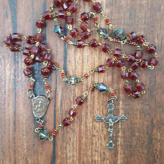 MG Rosary - Vintage Style Cathedral Glass and Bronze Rosary With Swarovski Crystals
