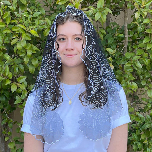 HOLY CROSS Chapel Veil BLACK & WHITE  (48" x 24)