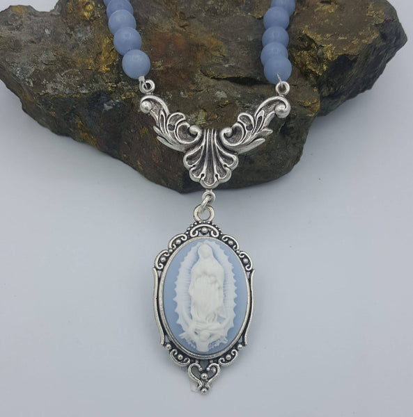 Our Lady of Guadalupe Cameo on Angelite With Freshwater Pearl Accent