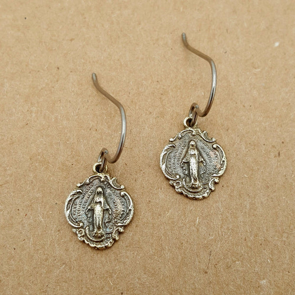 MG Rosary - White Bronze Miraculous Medal Earrings