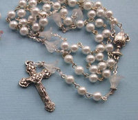 First Communion Rosary "purity" White Glass Pearls With Lucite Lilies