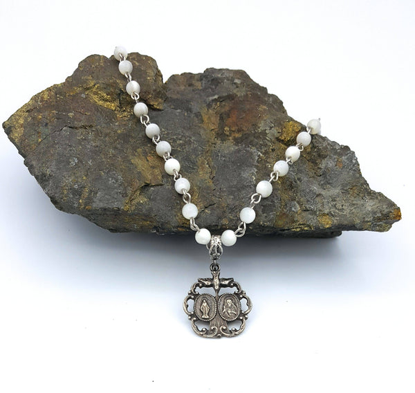 MG Rosary - 2 Way Medal on Mother of Pearl Chain White Bronze