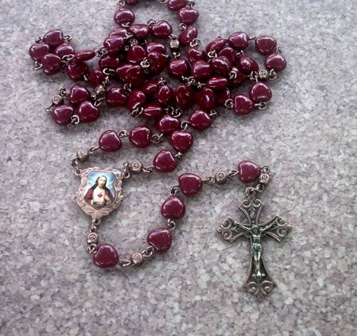 Blood Red Hearts Rosary With Antiqued Copper